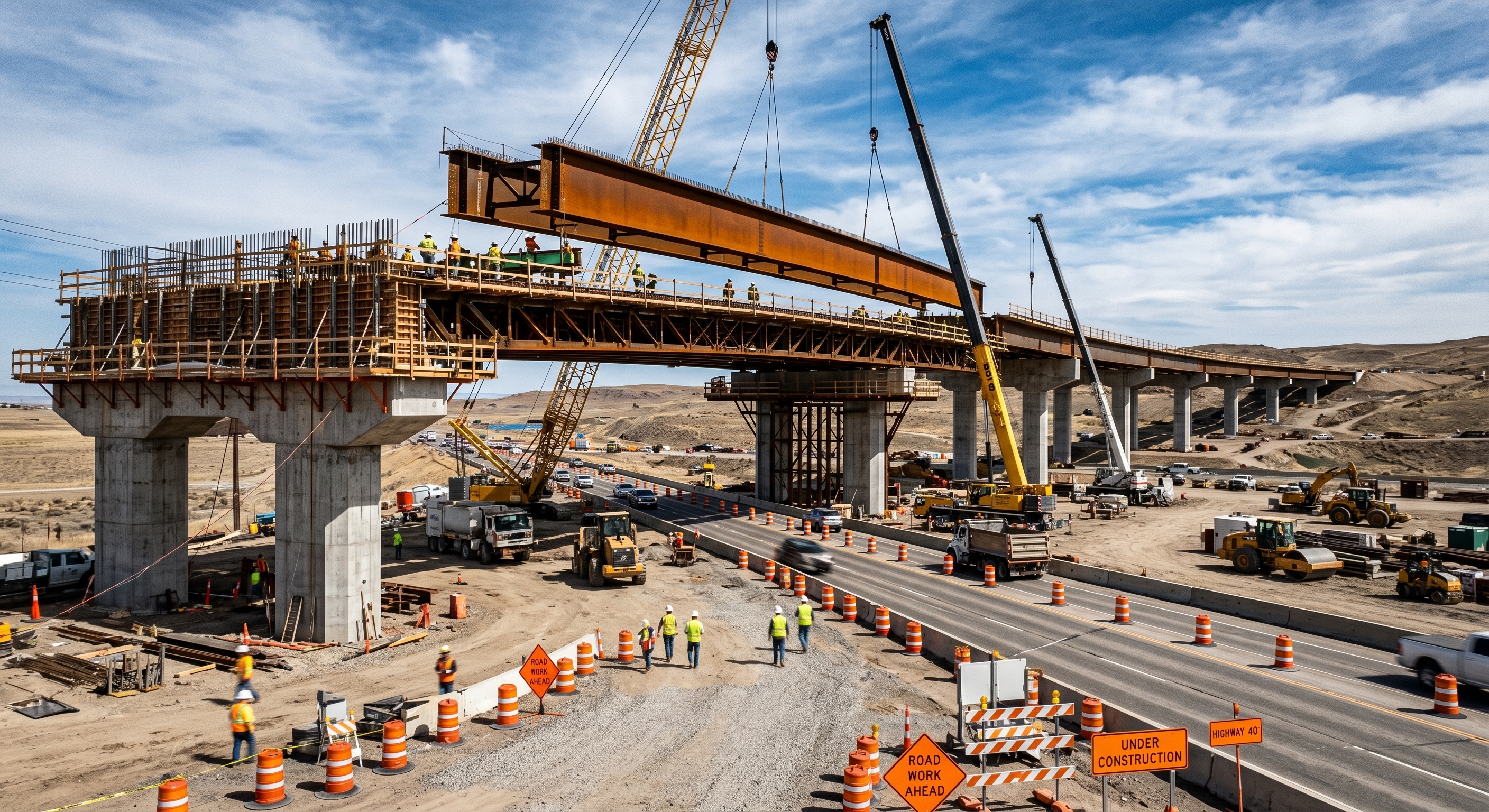 Cinematic view of a major highway overpass under active construction showing steel girders and concrete pillars.