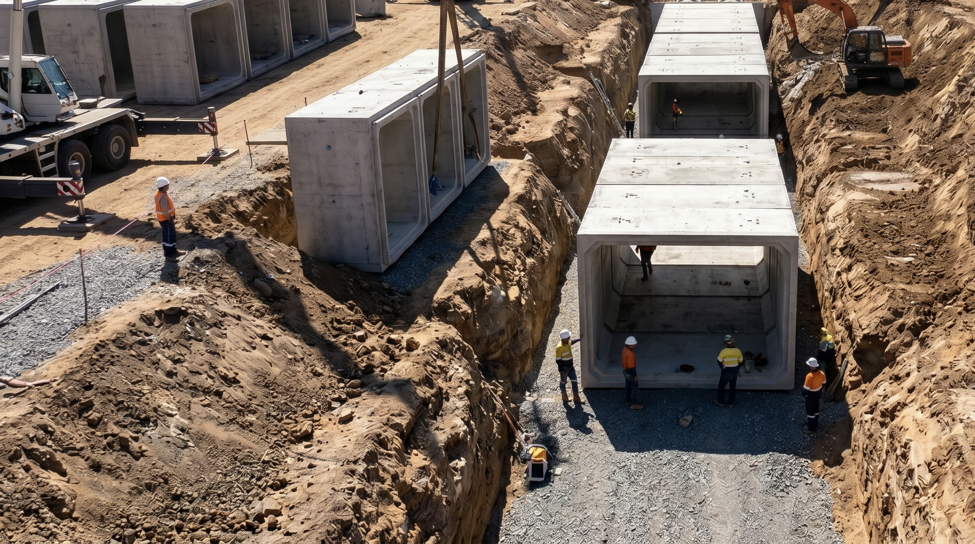 Large scale municipal drainage and water management site featuring concrete culverts and earth trenches.