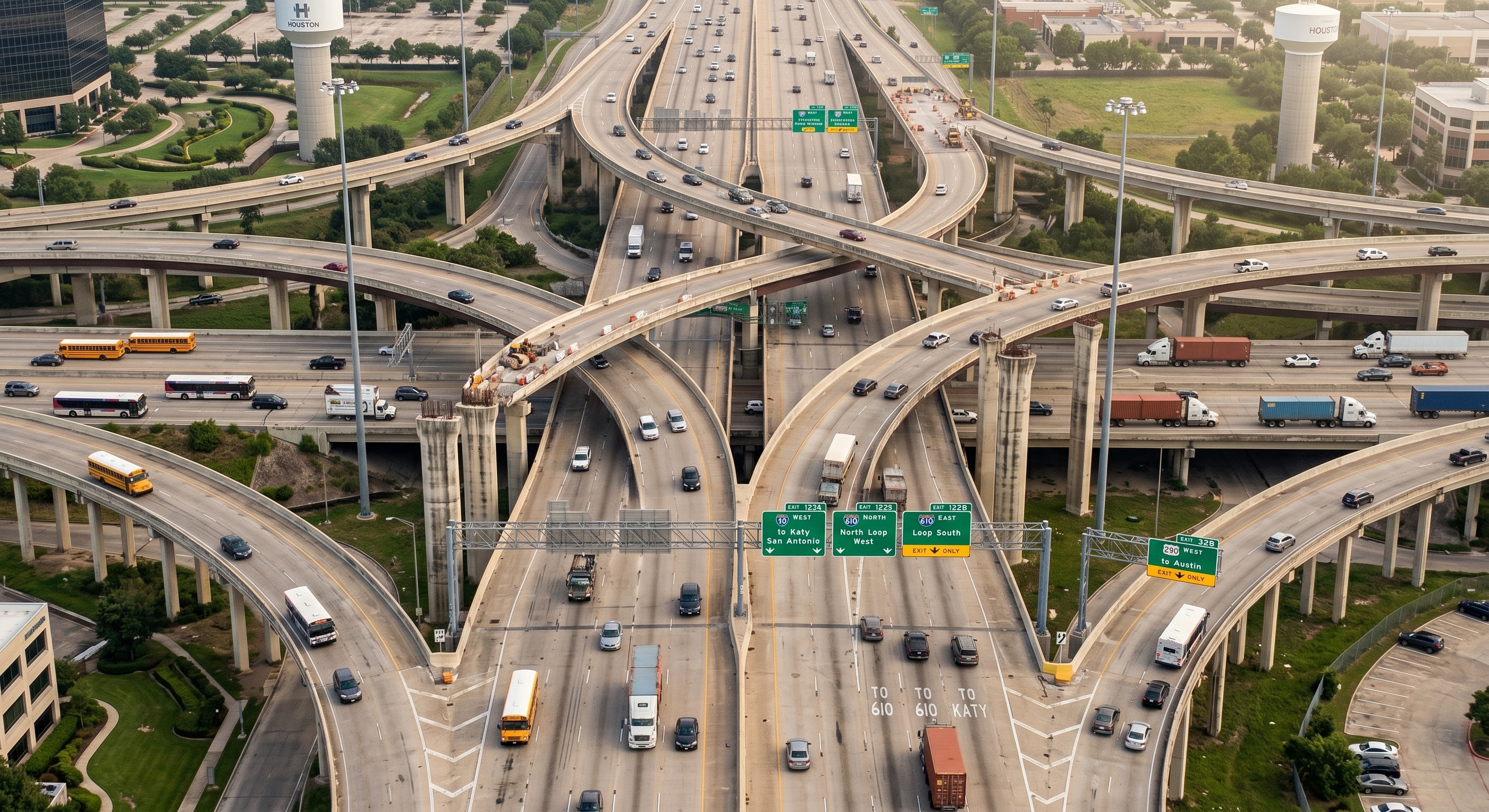 Aerial drone view of a complex multi-level freeway interchange showing structural supports and roadway geometry.