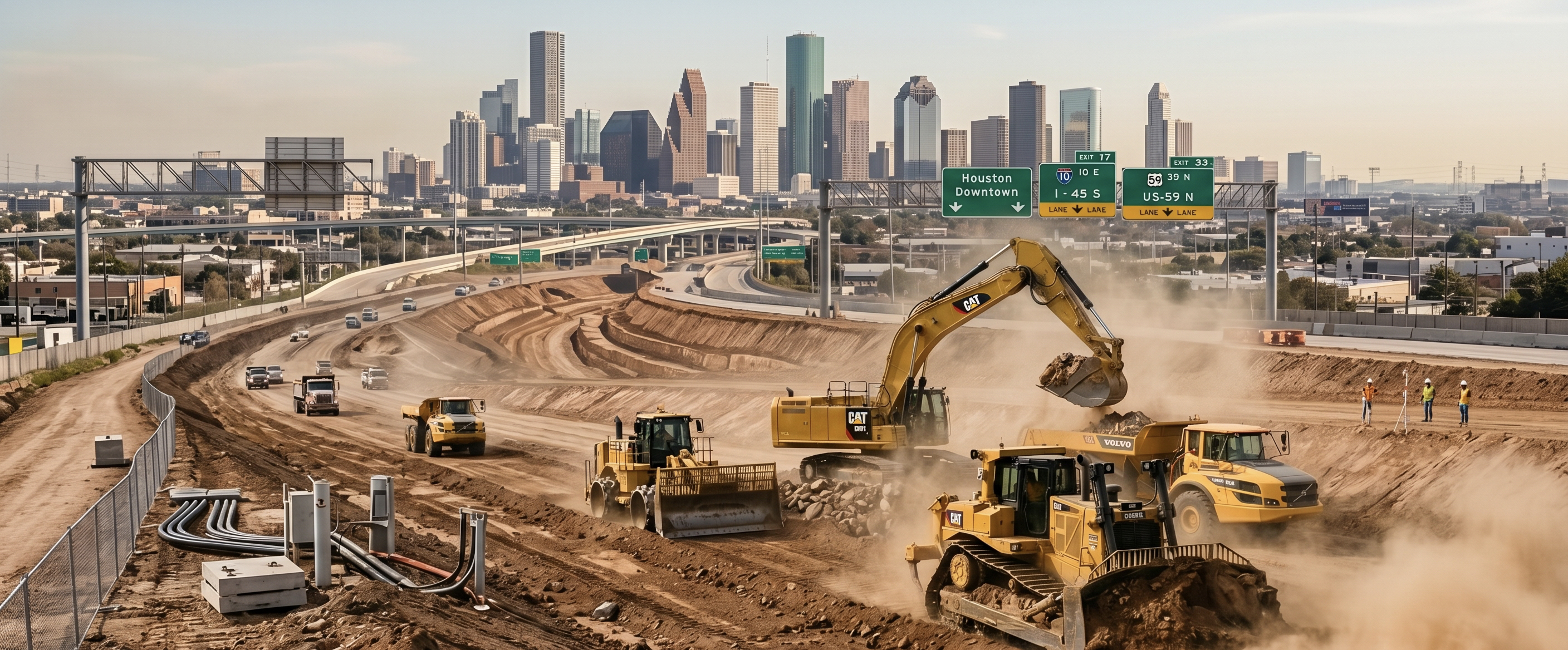 Heavy yellow earth-moving machinery grading dirt for a new roadway construction site.